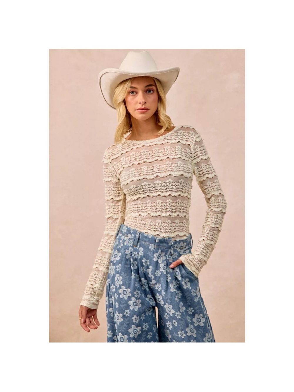 BiBi Ruffle Detail Flower Lace Mesh Top - Size Large 🤍✨